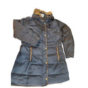 Cole Haan signature down feather puffer coat sz XL faux fur zip front navy brown